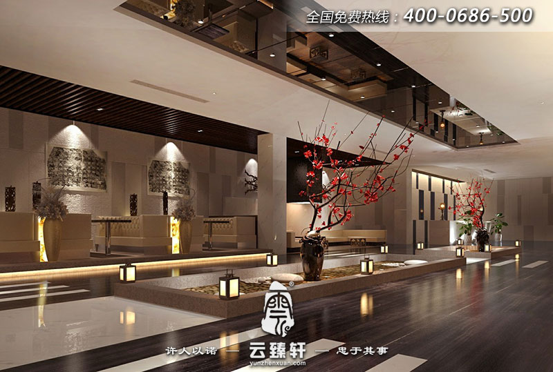 極簡(jiǎn)約中式會(huì)所養(yǎng)生館大堂的一個(gè)視角